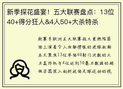 新季探花盛宴！五大联赛盘点：13位40+得分狂人&4人50+大杀特杀